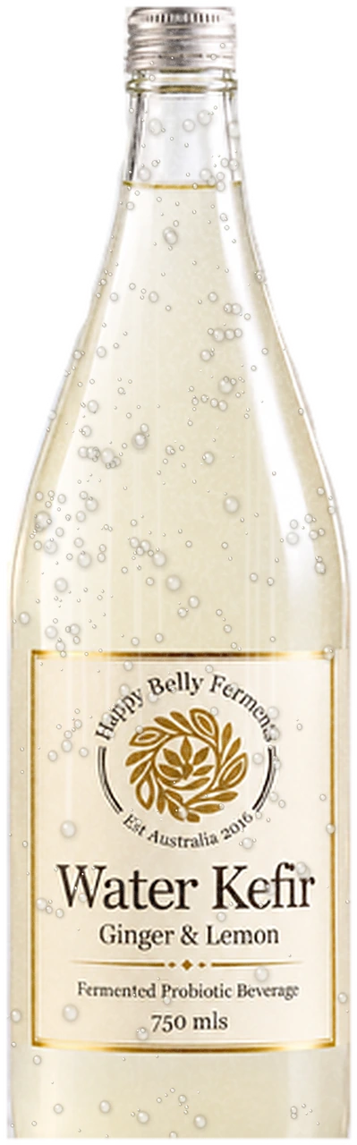 750ml bottle of Happy Belly Ferments Ginger & Lemon water kefir, cold from the fridge with condensation running down the glass
